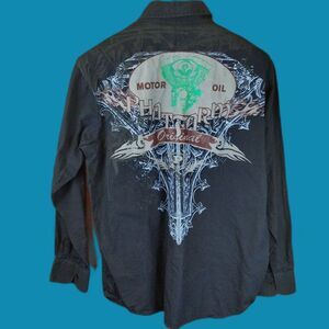 Phat Classics Phatfarm Button Up Motor Oil Back Graphic Shirt LG